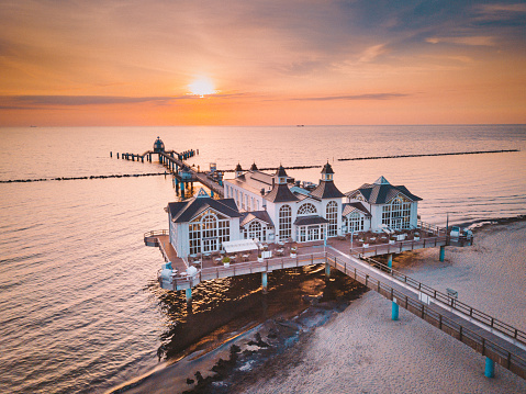 Aerial view of famous Sellin Pier at sunrise, Baltic Sea, Germany