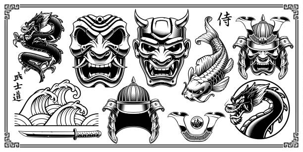 Samurai design elements Set of vintage samurai vector elements. Samurai warrior clipart. All elemetnts are on the separate layer. dragon tattoos stock illustrations
