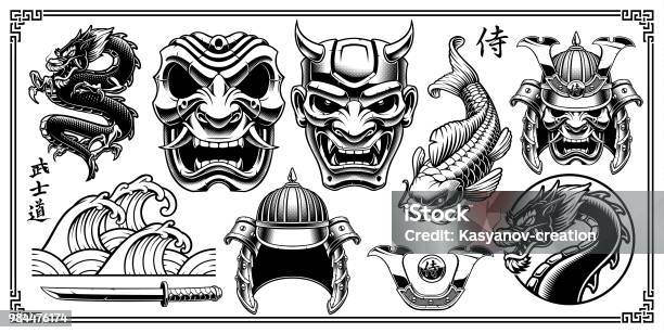 Samurai Design Elements Stock Illustration - Download Image Now - Tattoo, Japan, Japanese Culture