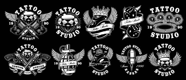 Set of custom tattoo designs Tattoo design. Set of tattoo emblems, graphic for shirt . Text is on the separate layer. For the dark background wings tattoos stock illustrations