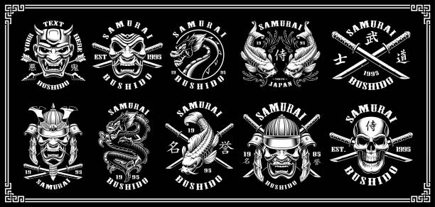 Set of samurai emblems on dark background Set of vintage samurai warrior emblems, badges, symbols, shirt design. Text is on the separate layer. VERSION ON DARK BACKGROUND. fish clip art black and white stock illustrations