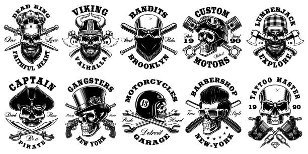 Set of vintage different skulls on white background Set of vintage different skulls on white background. Shirt designs with king, viking, lumberjack, pirate and many others. Text is on the separate layer. pirate criminal illustrations stock illustrations