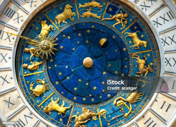 Ancient Clock Torre Dellorologio In Venice Stock Photo - Download Image Now - Astrology Sign, Astrology, Venice - Italy