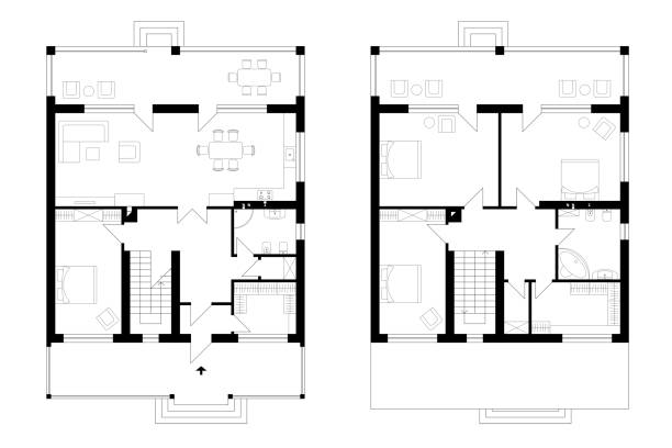 Architectural plan of a two-storey manor house with a terrace. The layout of an individual two-storey house with four bedrooms, kitchen, living room, two bathrooms, dressing rooms and pantries. Architectural plan of a two-storey manor house with a terrace. The layout of an individual two-storey house with four bedrooms, kitchen, living room, two bathrooms, dressing rooms and pantries. floor plan illustrations stock illustrations