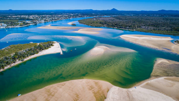 Noosa river by drone Sand patterns by air sunshine coast australia stock pictures, royalty-free photos & images