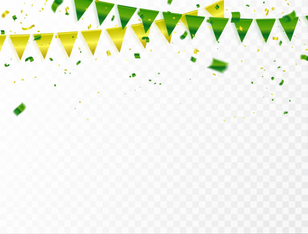 ilustraciones, imágenes clip art, dibujos animados e iconos de stock de plantilla de fondo de celebración con confeti y verde y amarillo de la cintas. - brazil