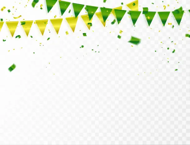 Vector illustration of Celebration background template with confetti and green and yellow ribbons.