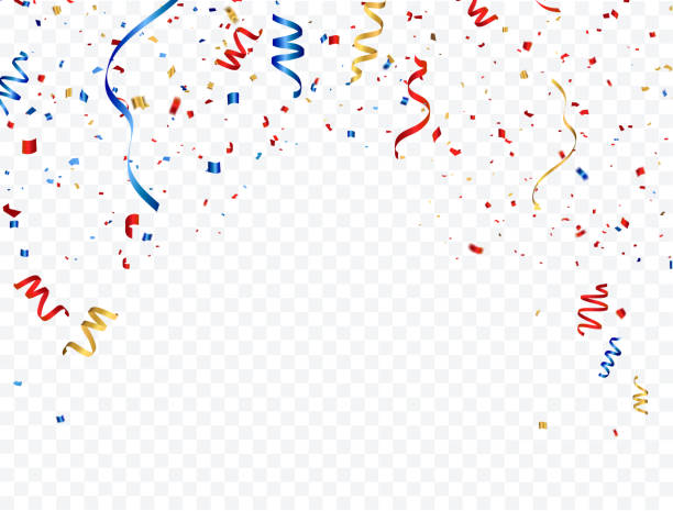 istock Celebration background template gold confetti and red and blue ribbons. 984552014