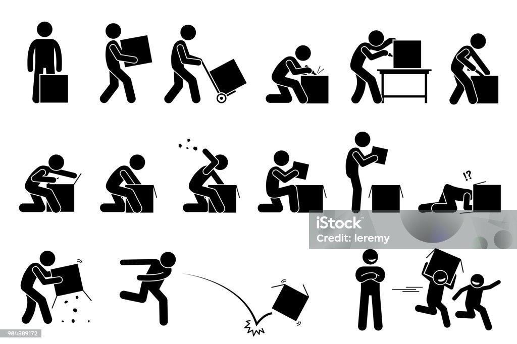 Man opening and unboxing a box. Stick figure pictogram depicts a man carrying, cutting, opening, checking, and throwing away the box. Children taking and playing with the unwanted empty box happily. Icon Symbol stock vector