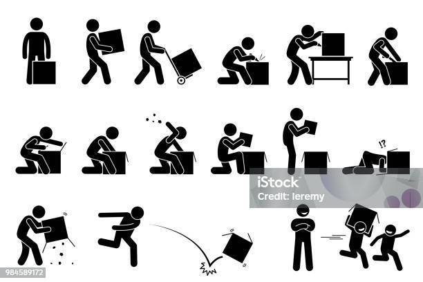 Man Opening And Unboxing A Box Stock Illustration - Download Image Now - Icon Symbol, Carrying, Box - Container