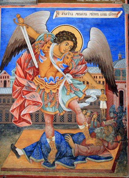 icon of archangel michael in rila monastery - aartsengel stockfoto's en -beelden