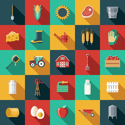 A set of flat design styled agriculture icons with a long side shadow. Color swatches are global so it’s easy to edit and change the colors. File is built in the CMYK color space for optimal printing.