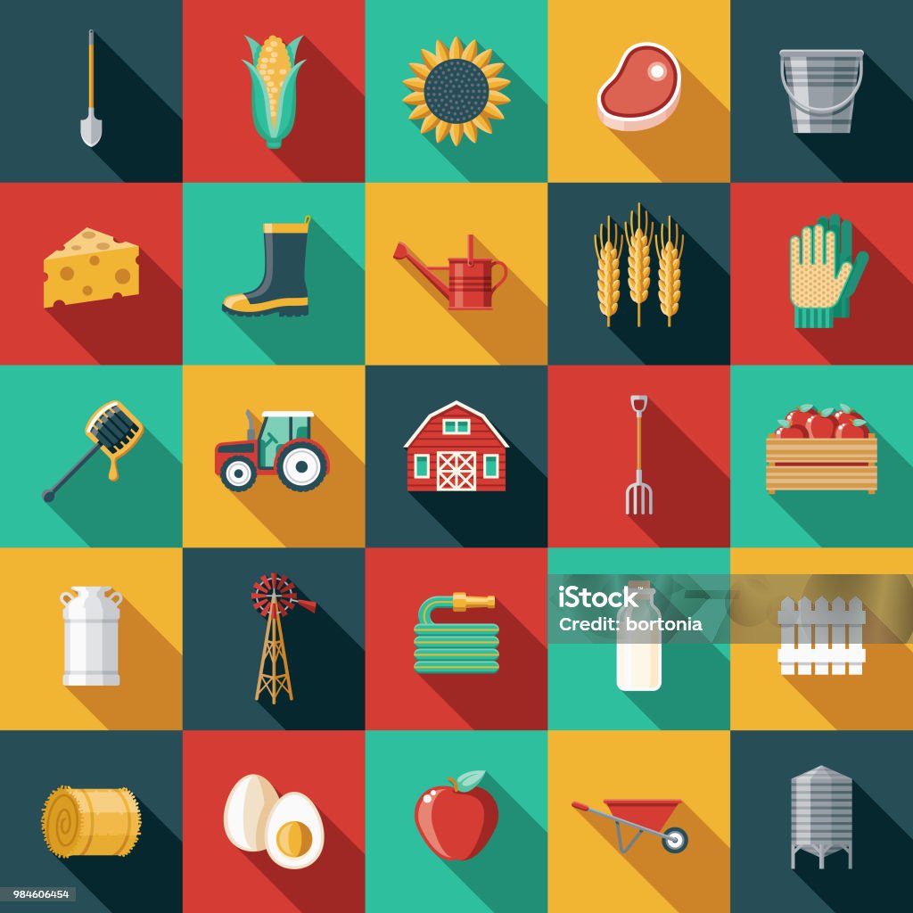 Agriculture Flat Design Icon Set A set of flat design styled agriculture icons with a long side shadow. Color swatches are global so it’s easy to edit and change the colors. File is built in the CMYK color space for optimal printing. Agriculture stock vector