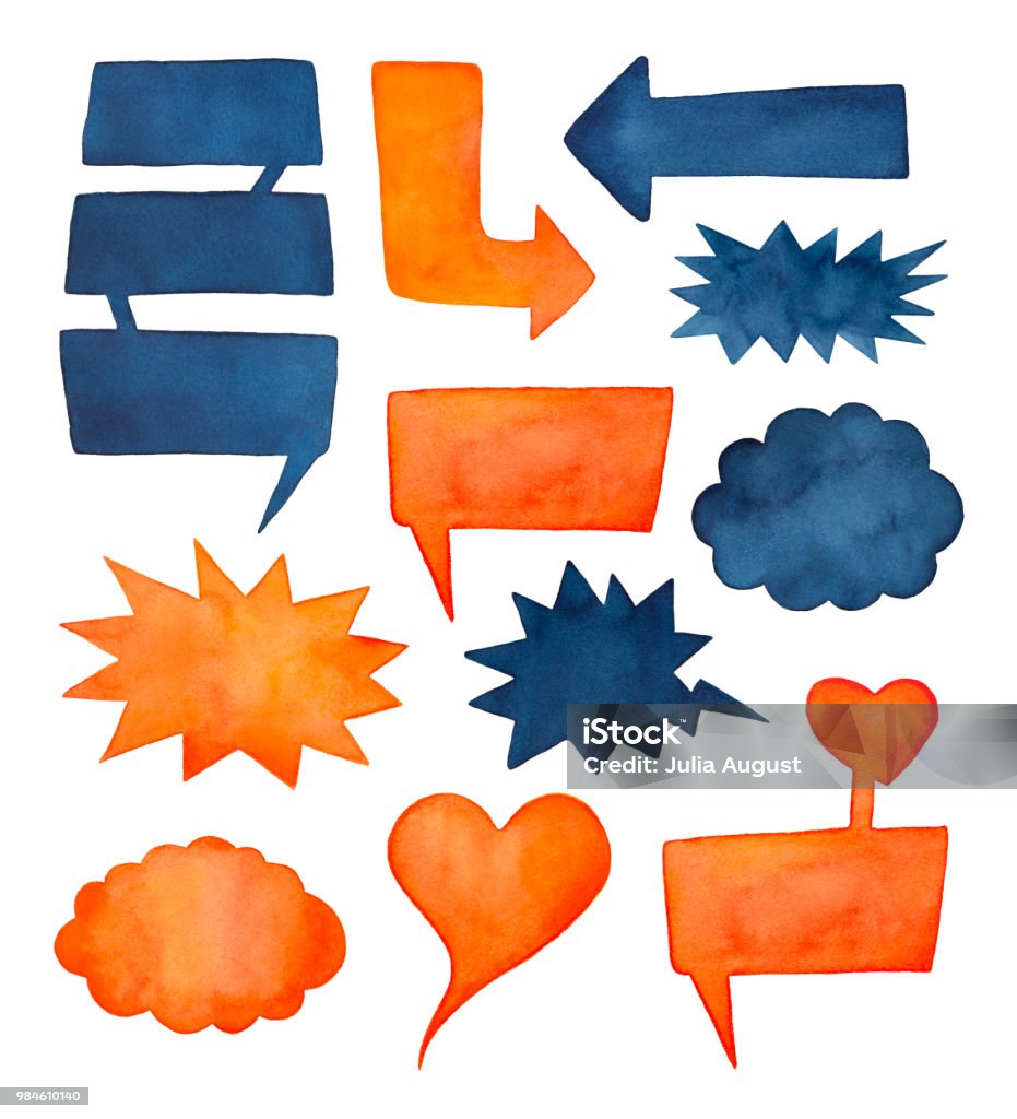 Collection of colorful watercolour speech bubbles, arrows and marks in comic book style. For text, notes, messages. Water color paint and brush strokes on white backdrop, isolated clip art elements. Abstract stock illustration