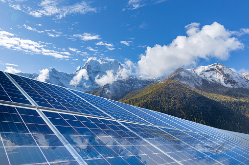 Solar panels in wild mountainous regions of Tibet, China