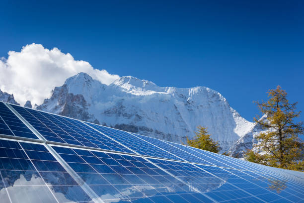Mountain solar panels stock photo