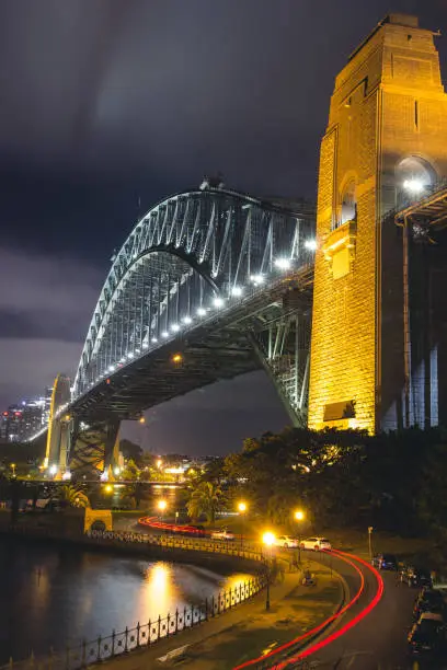 Sydney Harbour Bridge illuminated by lights at night, it is one of iconic landmark of Australia