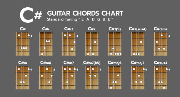 화음 다이어그램의 집합입니다. 탭 탭입니다. 손가락 차트입니다. 기본 기타의 화음 c#, c#, c# + 7, c# 7, c#7(9), c#7(sus4), c# dim7, c #m, c# m 6, c# m7, c#m7(b5), c# maj6, c# maj7, c# sus4 - d minor stock illustrations