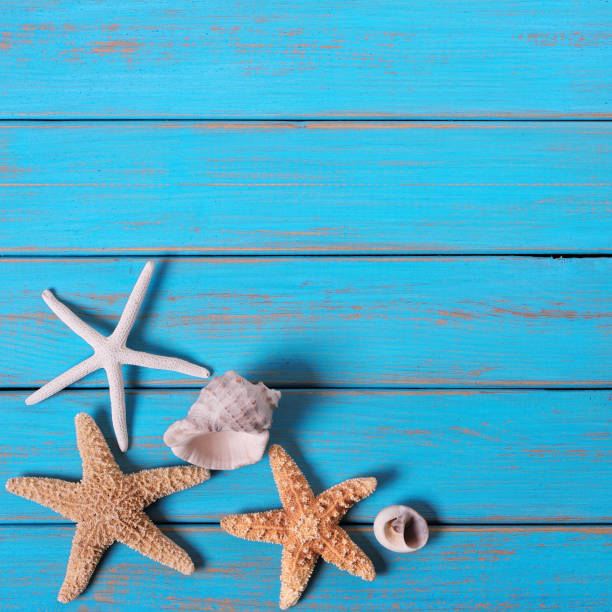 istock Summer beach seashore background starfish blue wood paint peeling 984640764
