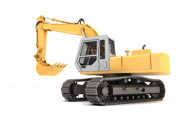 istock Hydraulic Excavator with bucket. 3d illustration. Rear side view. Wide angle. Isolated on white background 984642316