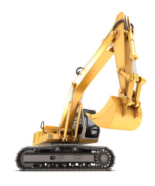 istock Hydraulic Excavator with bucket at foreground. 3d illustration. Front bottom view. Wide angle. Isolated on white background 984644536