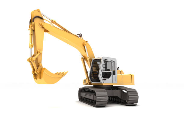 istock Hydraulic Excavator with bucket turned to left. 3d illustration. Side view. Isolated on white background 984644612