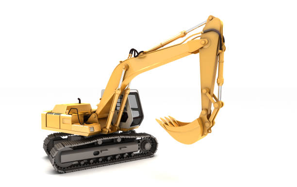 istock Hydraulic Excavator with bucket turned to right. 3d illustration. High angle view. Wide angle. Isolated on white background 984644636