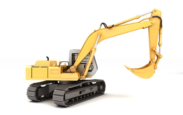istock Hydraulic Excavator with bucket turned to right. 3d illustration. Front side view. Wide angle. Isolated on white background 984646022