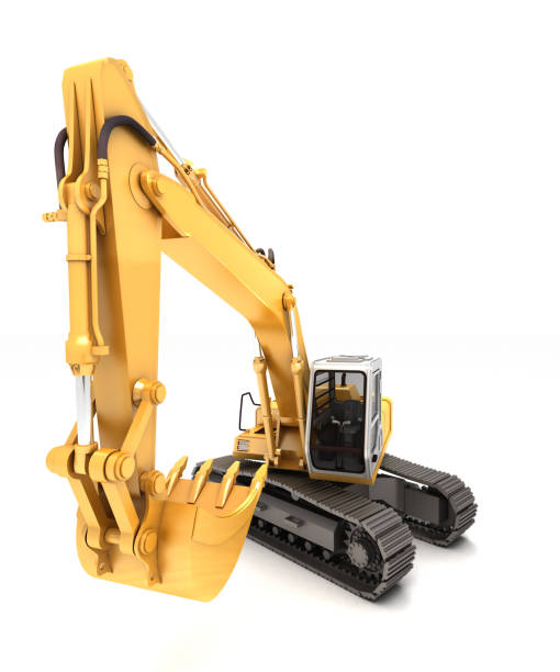 istock Hydraulic Excavator with bucket at foreground. 3d illustration. Front view. Wide high angle view. Isolated on white background 984653110