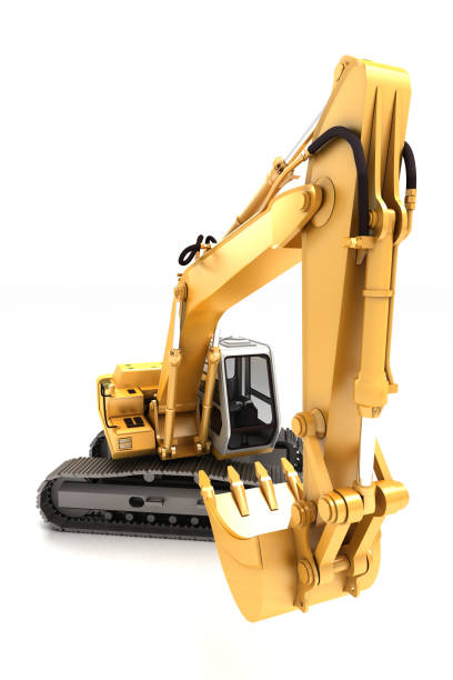 istock Hydraulic Excavator with bucket at foreground. 3d illustration. Front view. Wide high angle view. Isolated on white background 984653134