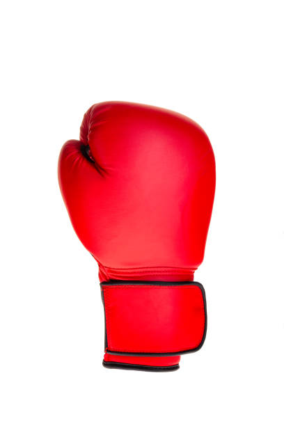 ritagliato guanto da boxe singolo rosso - rubber sports glove equipment isolated foto e immagini stock