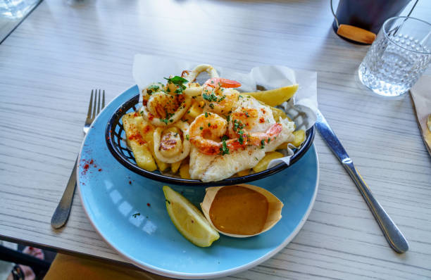 Mixed seafood platter and fries