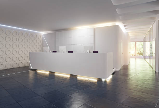 modern reception desk design. modern reception desk design. 3d rendering concept medical office lobby stock pictures, royalty-free photos & images