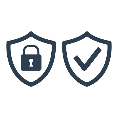Shield with security and check mark icon on white background. Vector Illustration