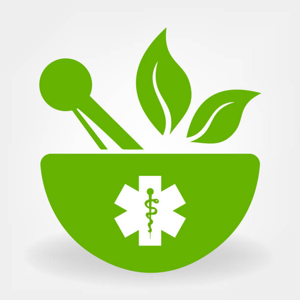 раствор, пестик и зеленый лист вектор - alternative medicine mortar and pestle herbal medicine herb stock illustrations
