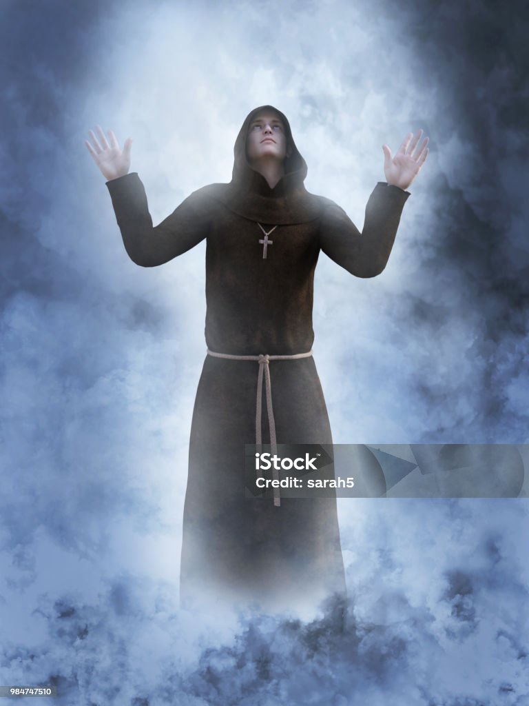 3D rendering of a christian monk worshipping. 3D rendering of a christian monk worshipping with his hands in the air surrounded by smoke or clouds like it's a dream or in heaven. Benedictine Stock Photo