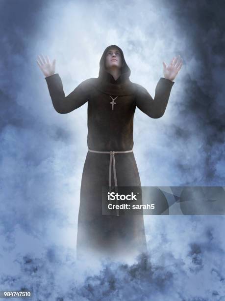 3d Rendering Of A Christian Monk Worshipping Stock Photo - Download Image Now - Benedictine, Ceremonial Robe, Hood - Clothing