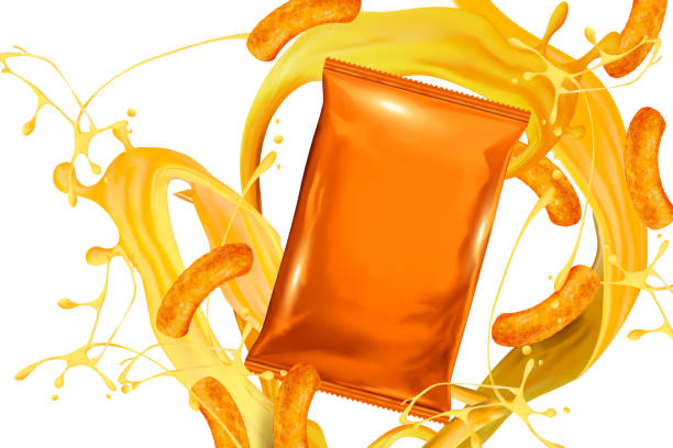 Blank orange foil bag with snack Blank orange foil bag with splashing cheese sauce and curls in 3d illustration cheese sauce stock illustrations