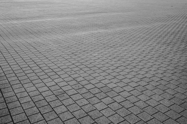 con estampado pavimento baldosas cemento ladrillo piso fondo monochrom - paving stone avenue stone curve fotografías e imágenes de stock