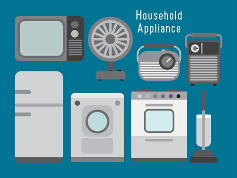 Vintage household appliances are illustrated in grey scale illustration on blue background.