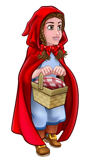 An illustration of little red riding hood cartoon character from the childrens fairy tale holding her basket