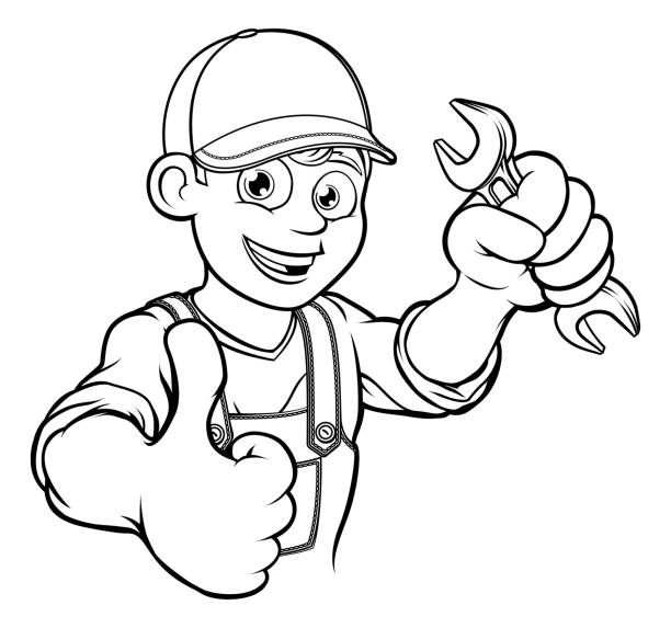 illustrations, cliparts, dessins animés et icônes de mécanicien ou bricoleur plombier avec clé cartoon - adjustable wrench expertise work tool maintenance engineer