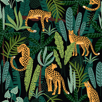 Vestor seamless pattern with leopards and tropical leaves. Trendy style.