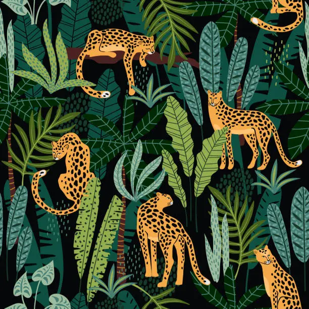 Vector illustration of Vestor seamless pattern with leopards and tropical leaves.