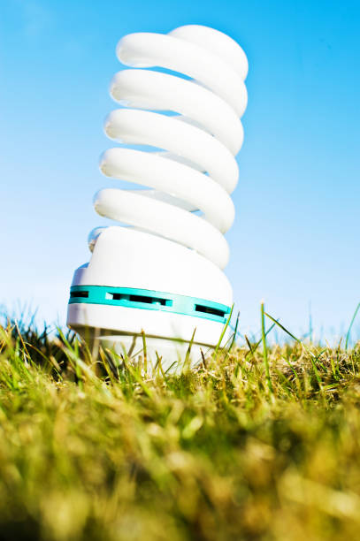 White Spiral Electric Lamp Bulb On Green Grass White Spiral Electric Bulb On Green Grass photodiode stock pictures, royalty-free photos & images