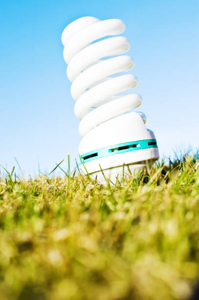 White Spiral Electric Lamp Bulb On Green Grass White Spiral Electric Bulb On Green Grass photodiode stock pictures, royalty-free photos & images