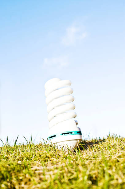 White Spiral Electric Lamp Bulb On Green Grass White Spiral Electric Bulb On Green Grass photodiode stock pictures, royalty-free photos & images