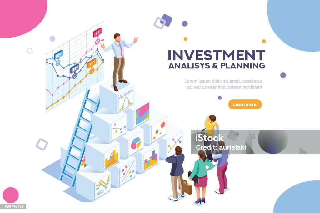 Virtual Finance Vector Illustration Investment and virtual finance. Communication and contemporary marketing. Future and office devices working on investments. Infographic for web banner, hero images. Flat isometric vector illustration. Business stock vector