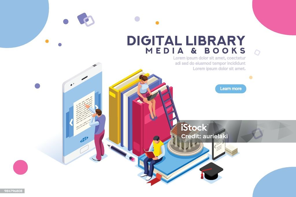 Encyclopedia Media and Book Library Encyclopedia, media book library, concept of culture. Characters, group of students at academic learning, reading an e-book. Can use for banner infographics. Flat isometric illustration school images. Library stock vector