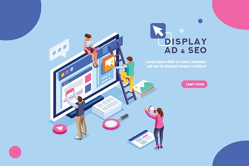 Seo optimization, website pay per click concept. Development group characters, team work together on web images. People flat isometric infographics or banner. Illustration isolated on white background
